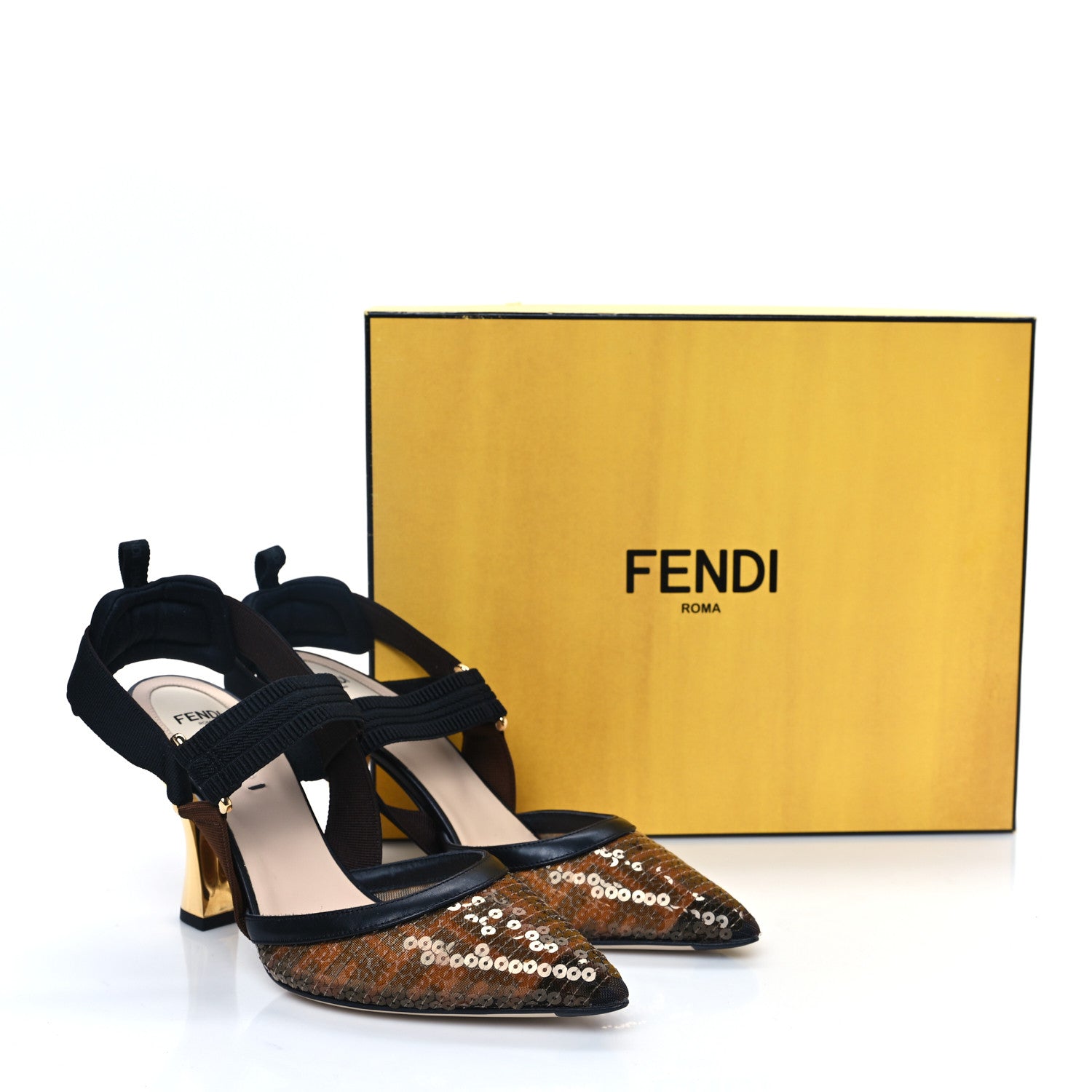 Fendi Sequin Paillettes FF Colibri 85mm Slingback Pumps 38 Black Ambra 9 of 9