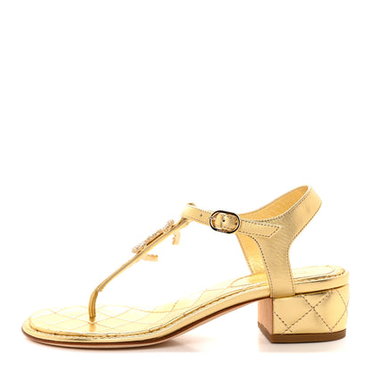 Chanel Laminated Lambskin Quilted CC Pearl Thong Sandals 35.5 Gold 1 of 8