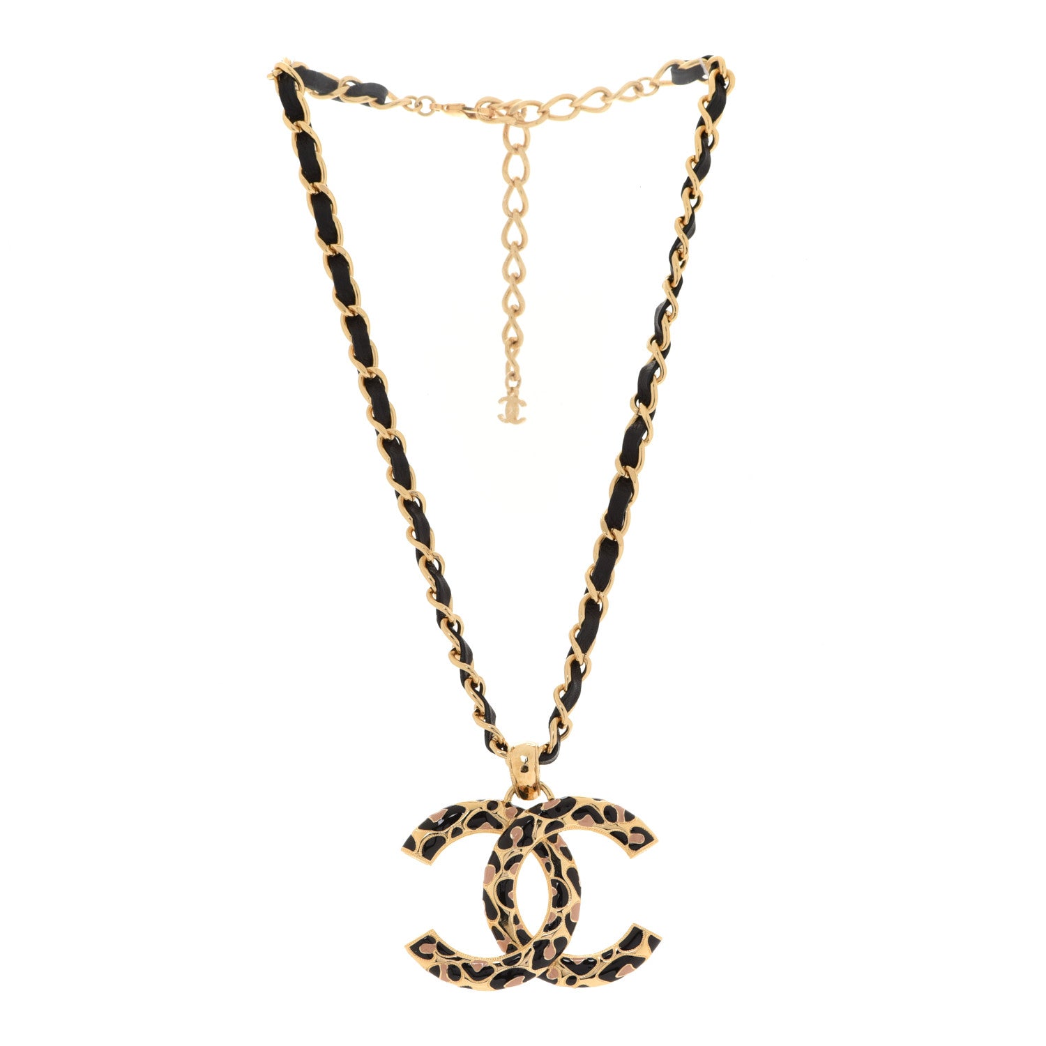 Chanel Metal Calfskin Leopard Print CC Pendant Necklace Gold Black Beige 3 of 6