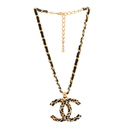 Chanel Metal Calfskin Leopard Print CC Pendant Necklace Gold Black Beige 3 of 6