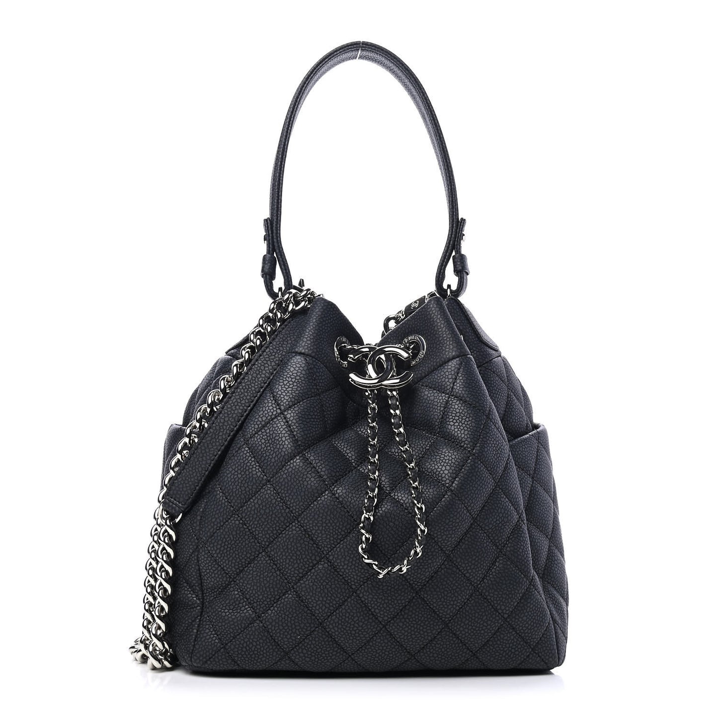 Caviar Flat Quilted CC Chain Bucket Drawstring Bag Black