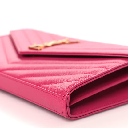 Saint Laurent Grain De Poudre Matelasse Chevron Monogram Chain Wallet Lipstick Fuchsia 9 of 9