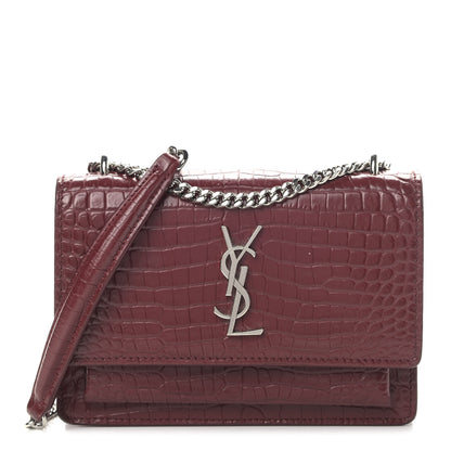 Saint Laurent Calfskin Crocodile Embossed Monogram Sunset Chain Wallet Palissandre 1 of 12