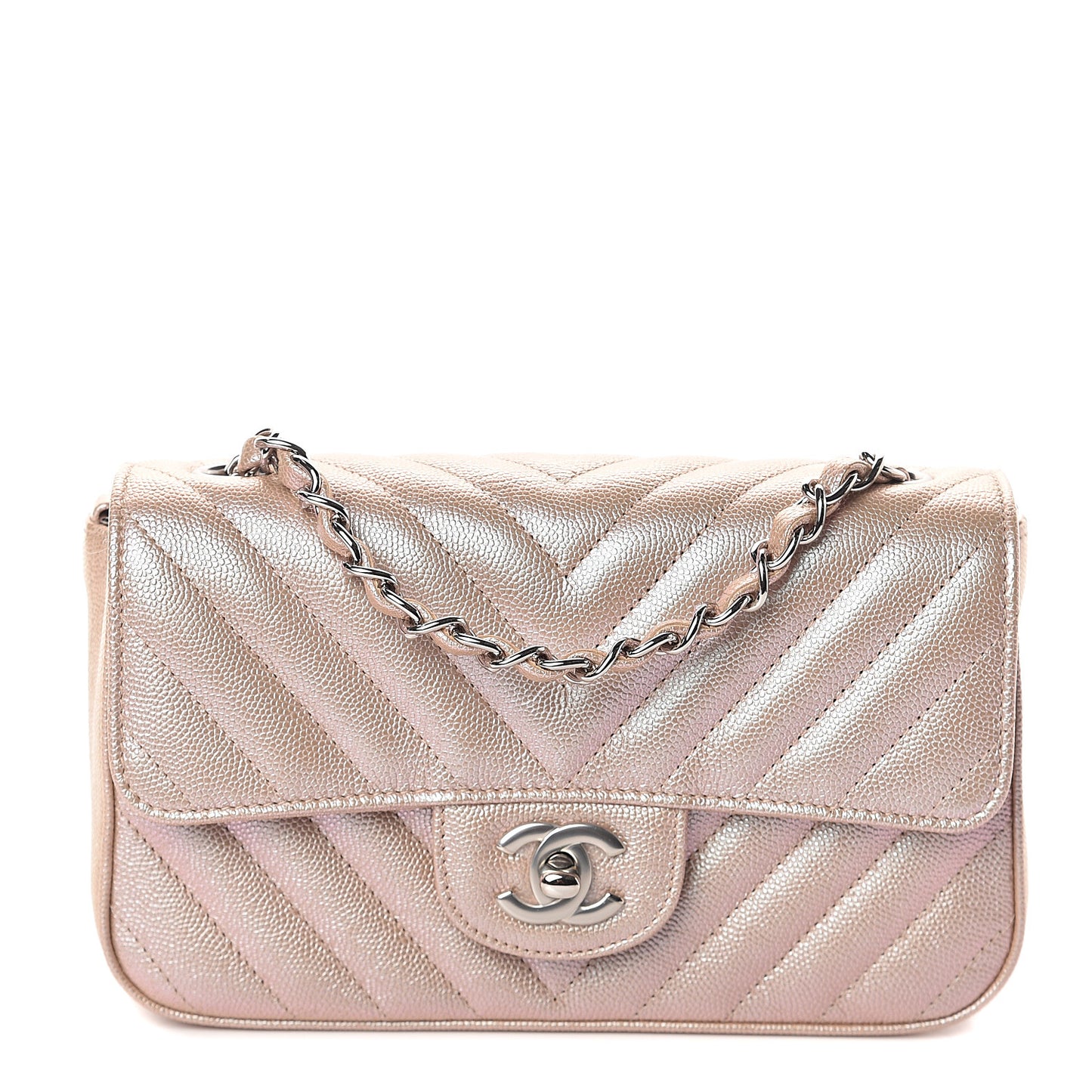 Iridescent Caviar Chevron Quilted Mini Rectangular Flap Light Gold