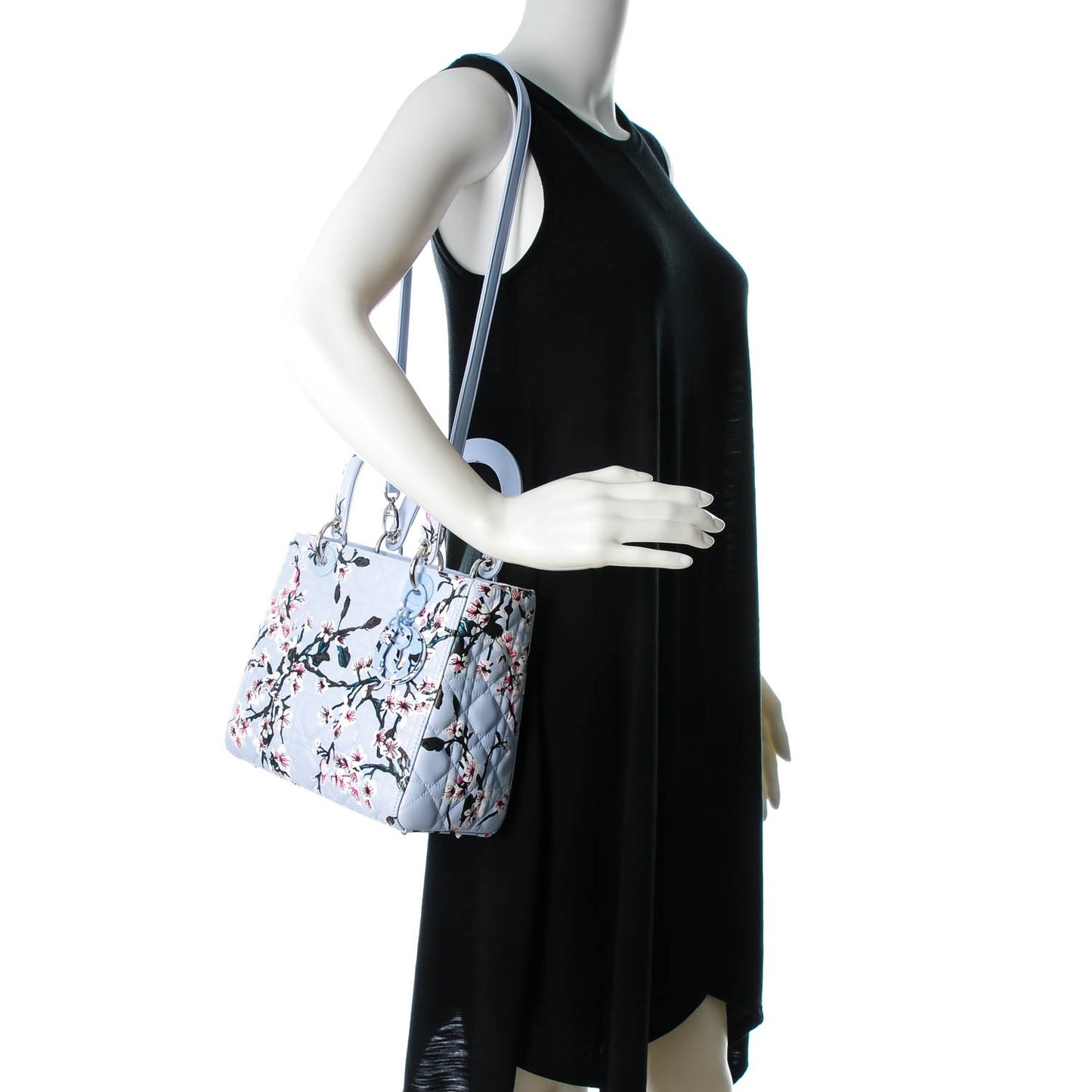 Lambskin Cannage Floral Printed Medium Lady Dior Light Blue