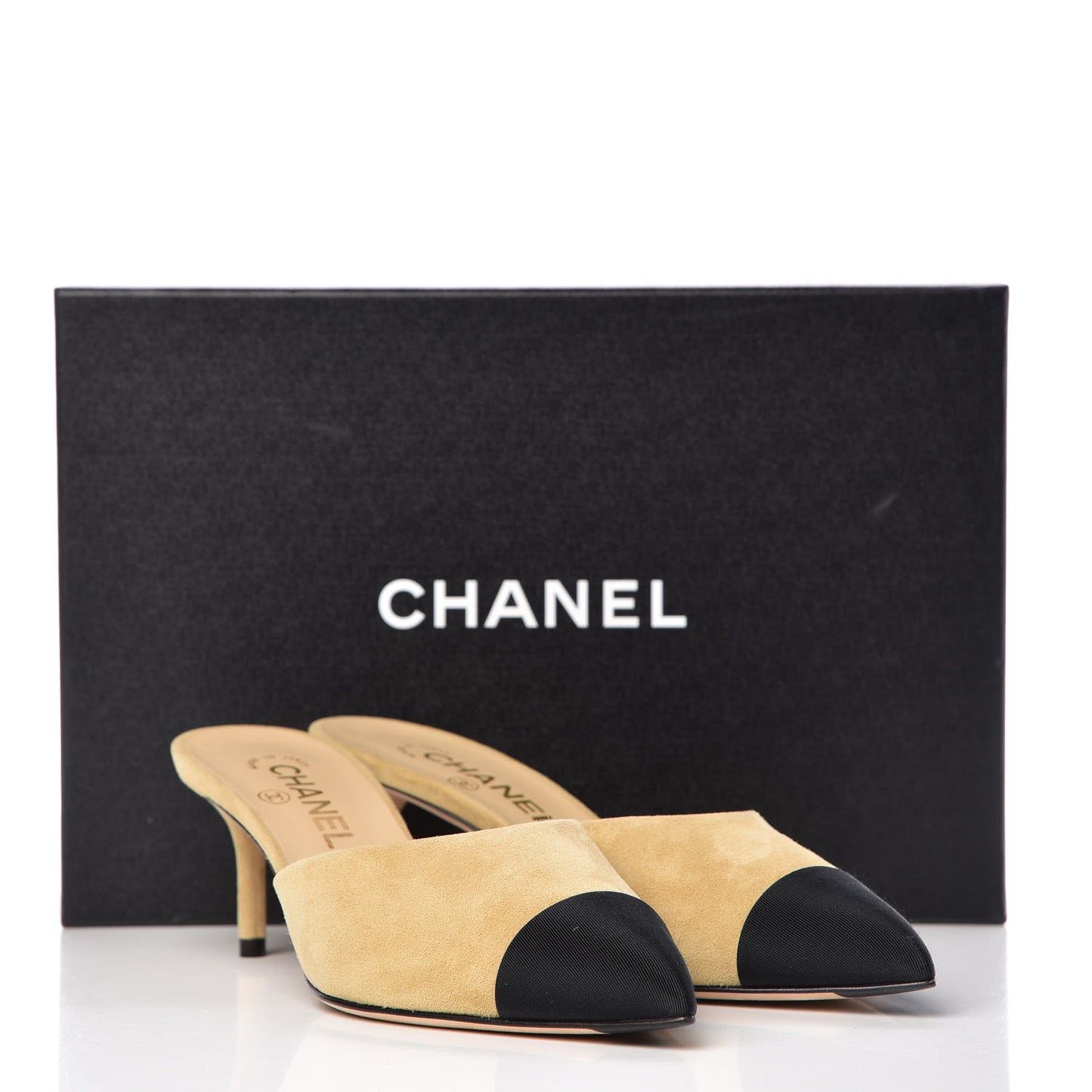 Suede Grosgrain Cap Toe CC Mules 38 Beige Black