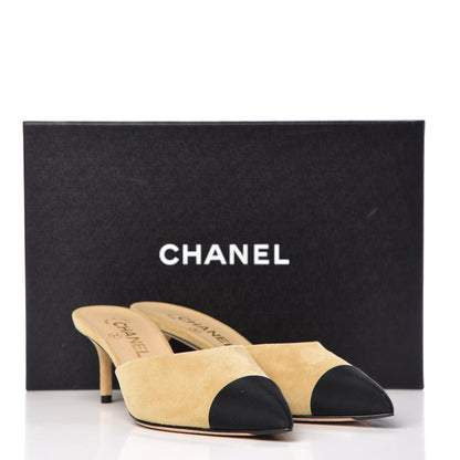 Chanel Suede Grosgrain Cap Toe CC Mules 38 Beige Black 10 of 10
