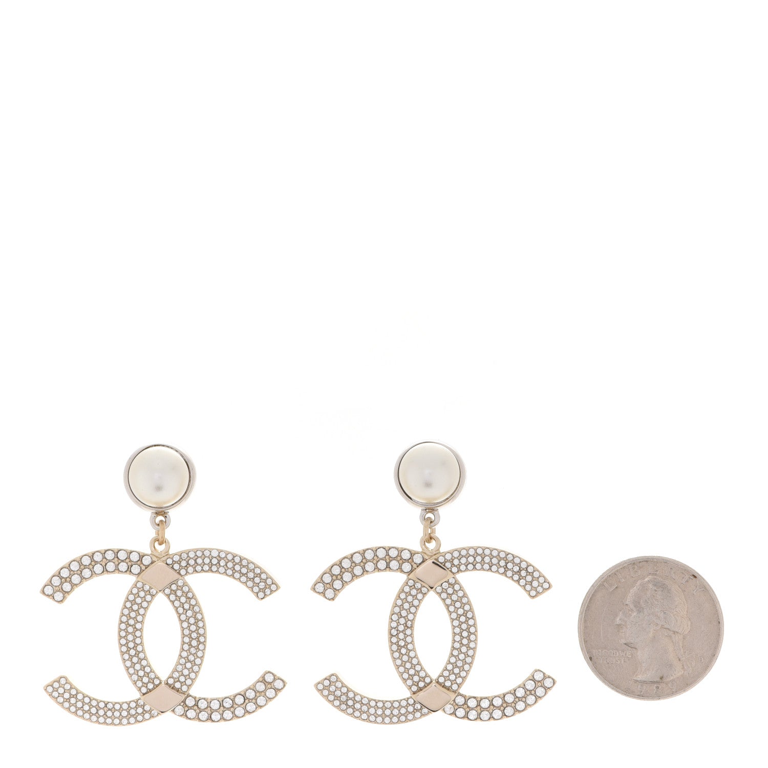 Chanel Crystal Pearl CC Drop Earrings Gold Silver 2 of 5