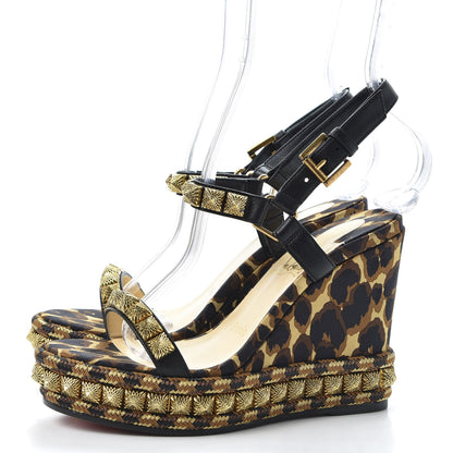 Christian Louboutin Nappa Silk Leopard Pira Ryad 110 Wedge Sandals 35 Black Marron 2 of 10