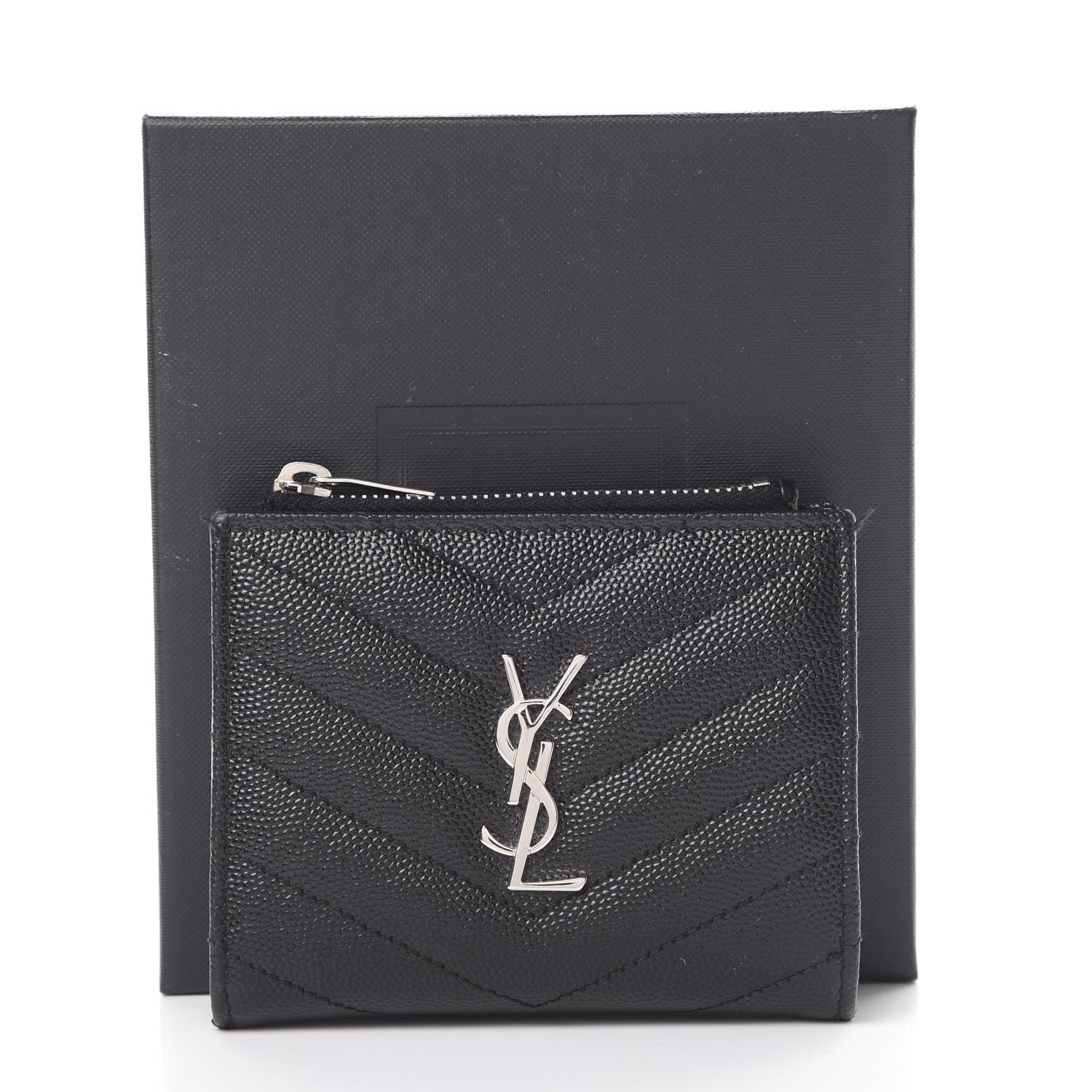 Saint Laurent Grain De Poudre Matelasse Chevron Monogram Zipped Card Case Black 10 of 10