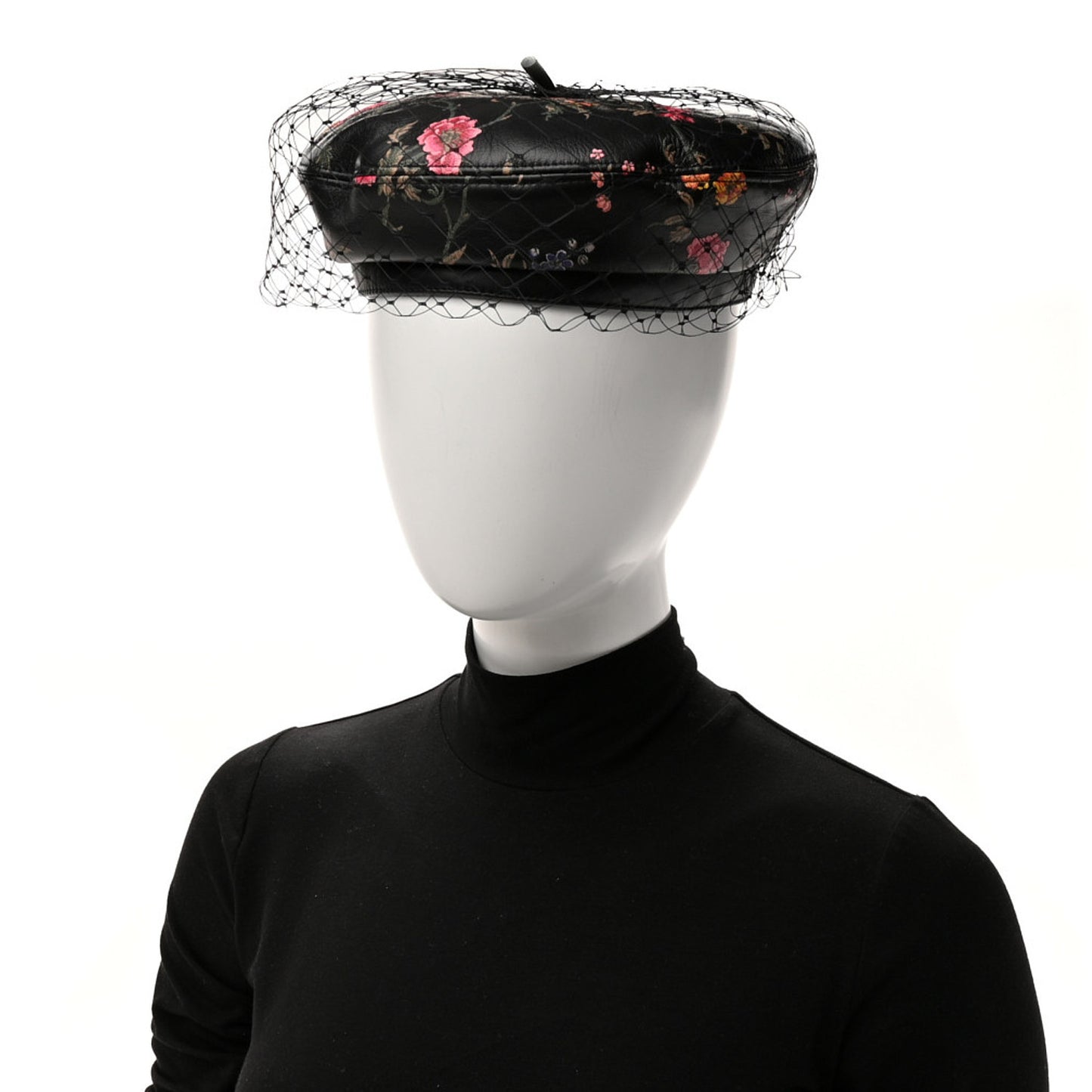 Lambskin Petites Fleurs Arty Beret Cap With Veil 58 Black