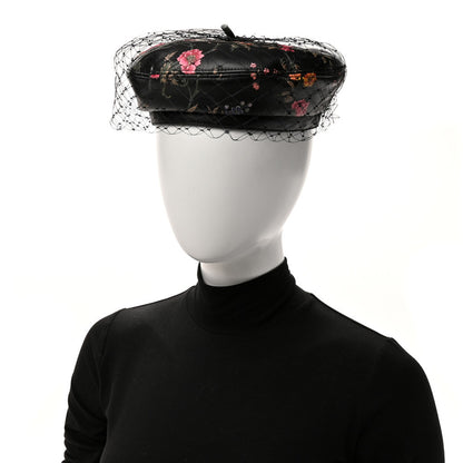 Christian Dior Lambskin Petites Fleurs Arty Beret Cap With Veil 58 Black 2 of 8