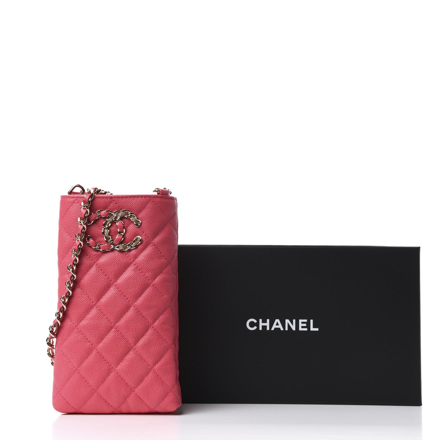 Caviar Quilted French New Wave Phone Holder With Chain Pink