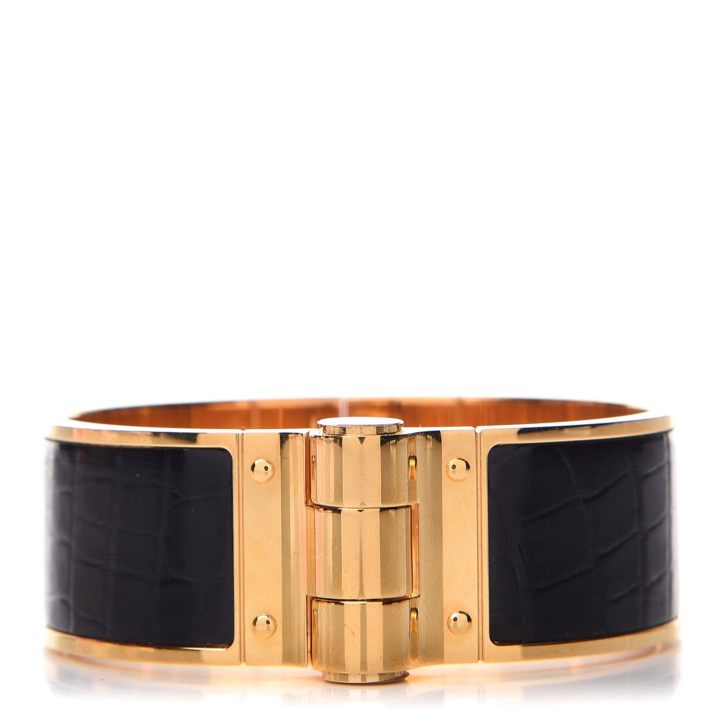 Shiny Alligator Charniere Cuir Wide Hinged Bracelet S Black