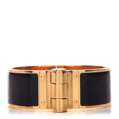 Hermes Shiny Alligator Charniere Cuir Wide Hinged Bracelet S Black 1 of 5