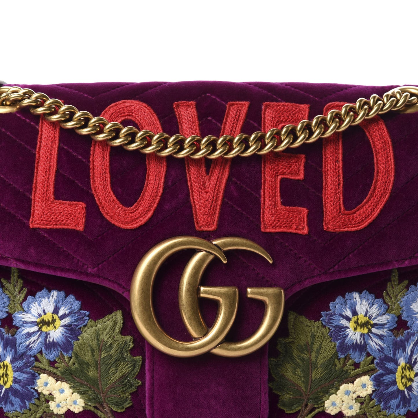 Velvet Matelasse Loved Embroidered Medium GG Marmont Shoulder Bag Fuchsia Violet Cyclamen