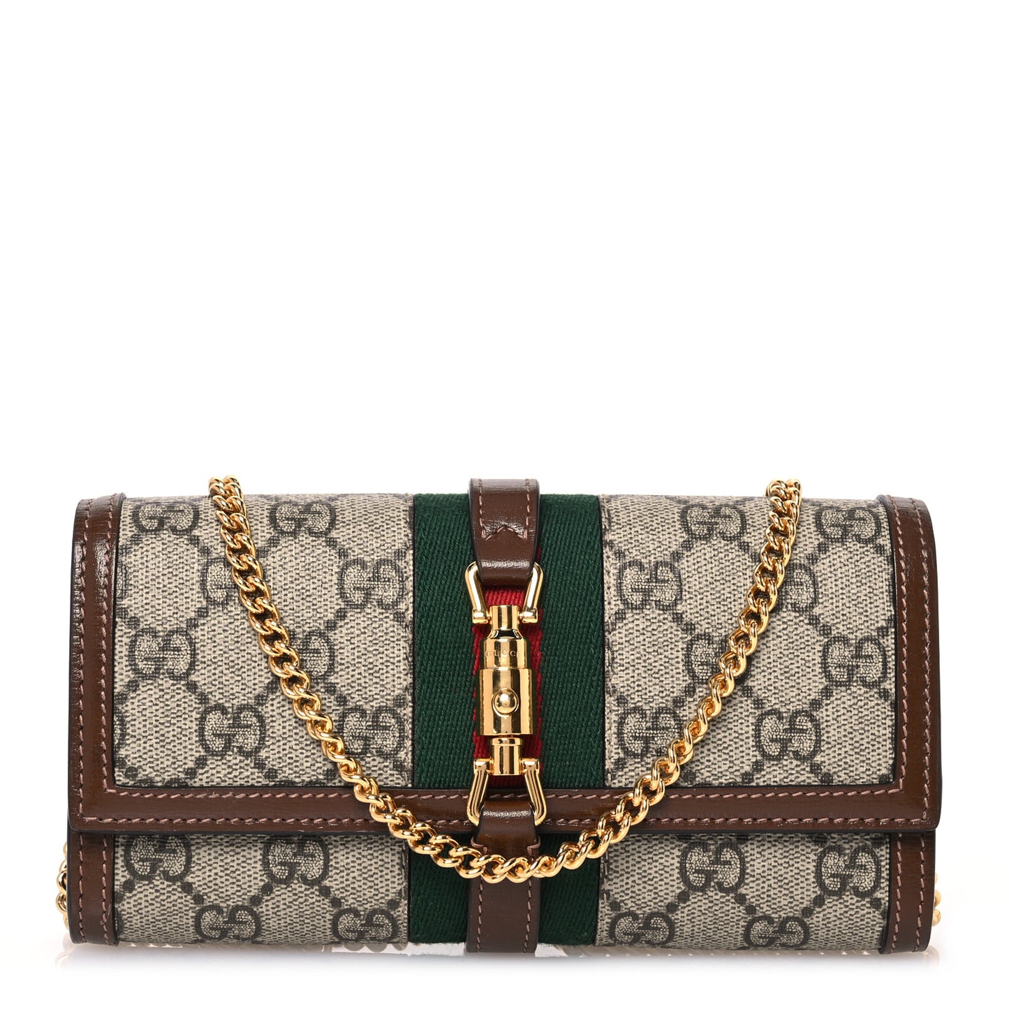 GG Supreme Monogram Azalea Calfskin Web Jackie 1961 Chain Wallet Beige Ebony Brown Sugar