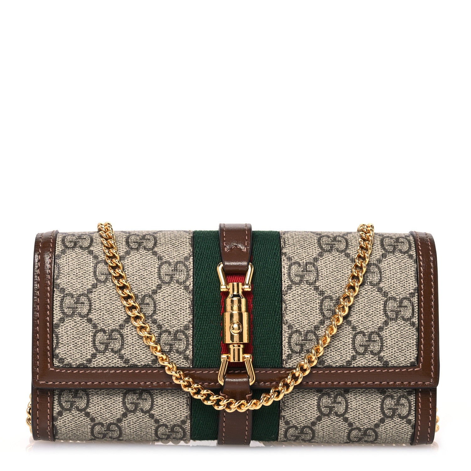Gucci GG Supreme Monogram Azalea Calfskin Web Jackie 1961 Chain Wallet Beige Ebony Brown Sugar 1 of 17