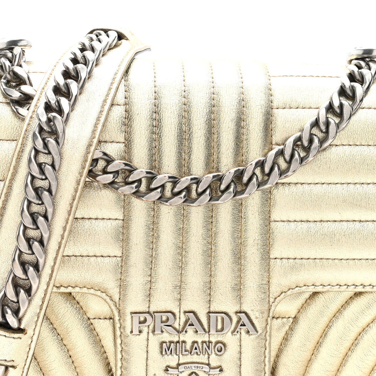 Prada Metallic Nappa Impunture Diagramme Medium Chain Flap Shoulder Bag  Gold 7 of 9