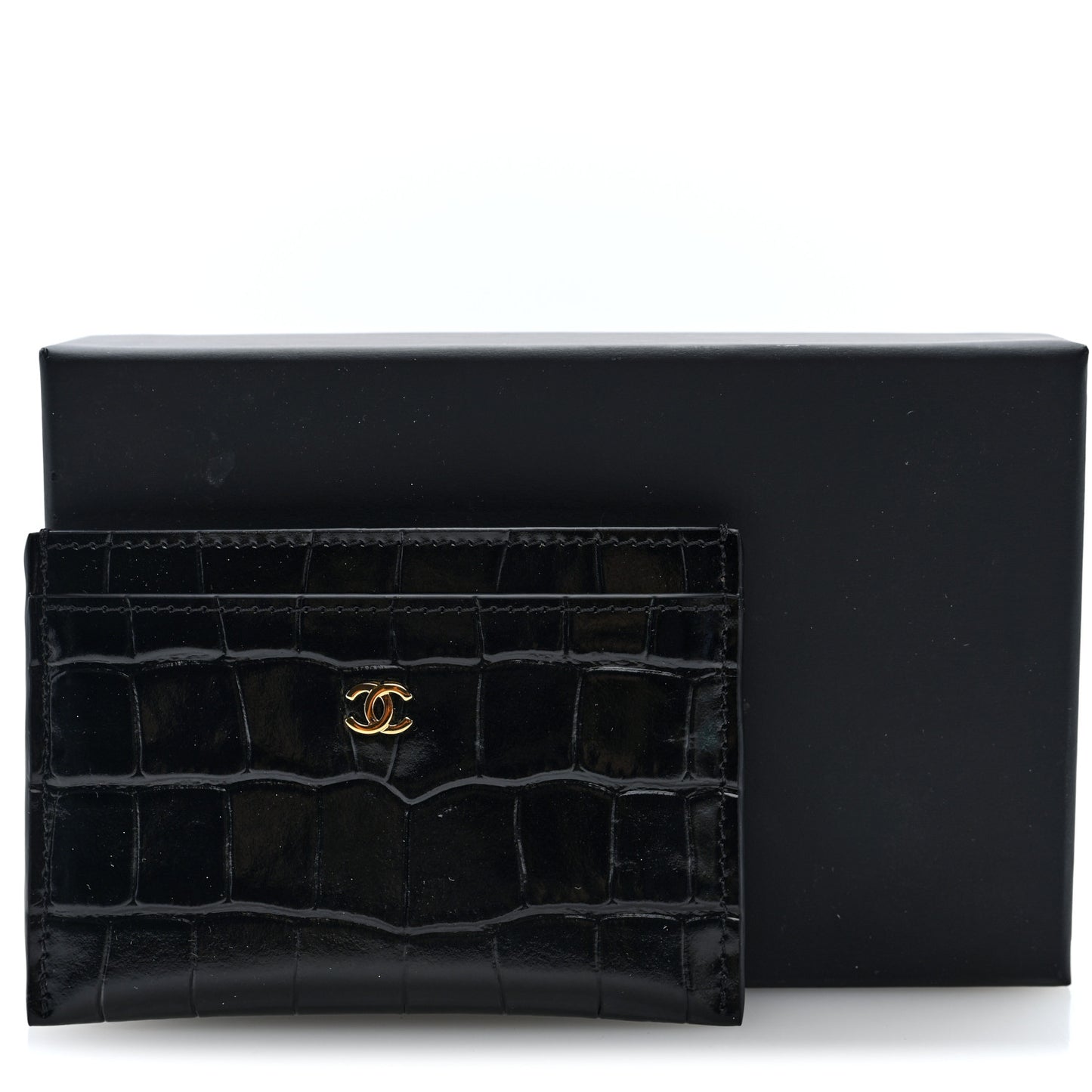 Calfskin Crocodile Embossed Crococo Card Holder Black