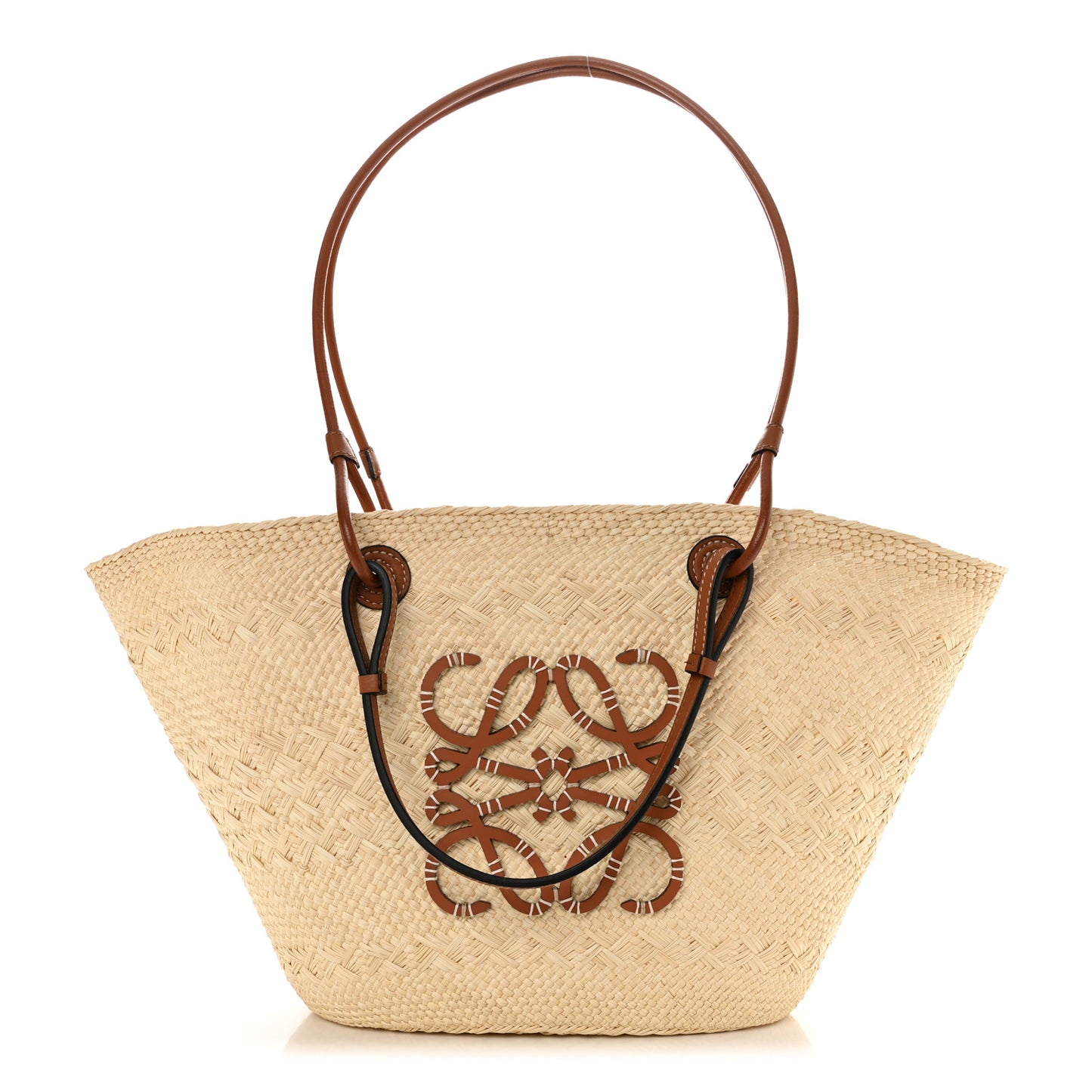 Iraca Palm Calfskin Medium Anagram Basket Bag Natural Tan