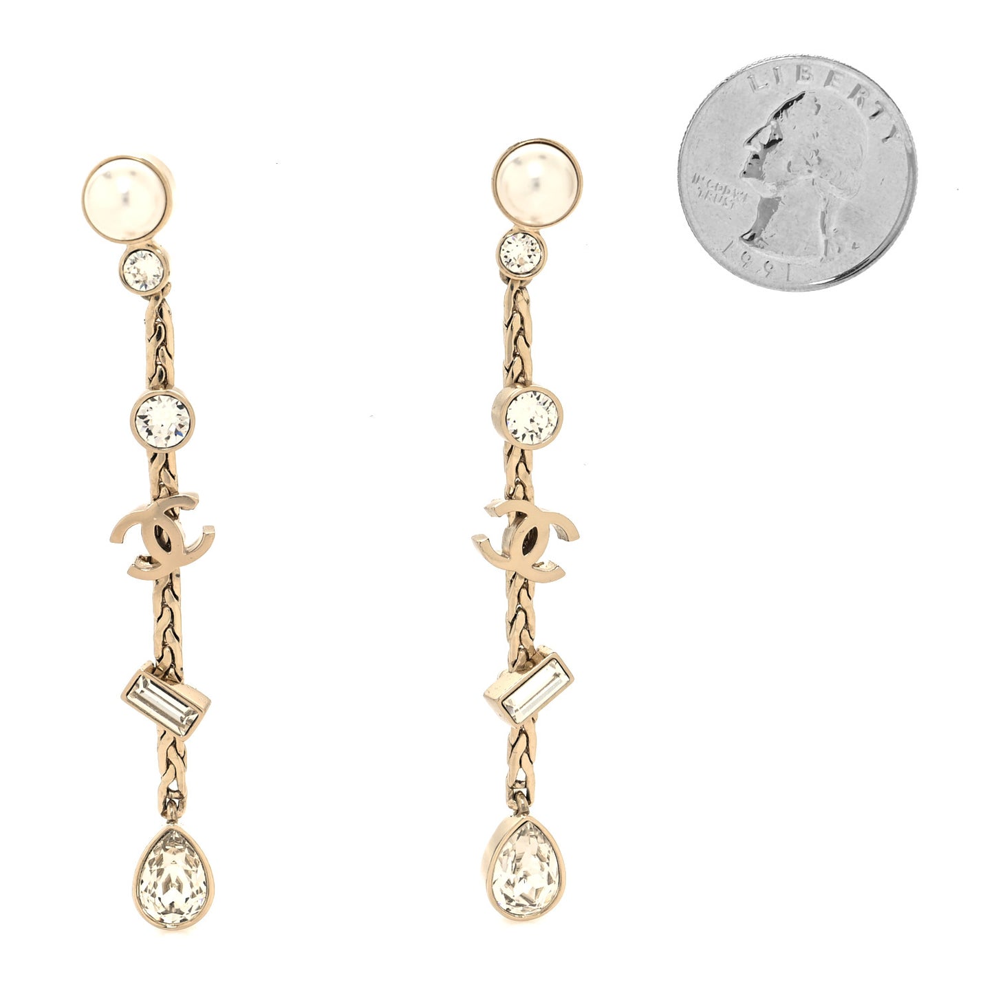 Crystal Pearl CC Drop Earrings Gold