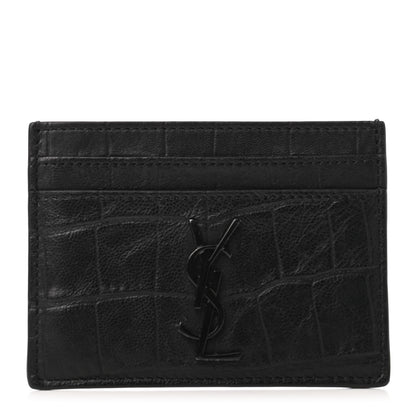 Saint Laurent Calfskin Crocodile Embossed Monogram Credit Card Case Black 1 of 4