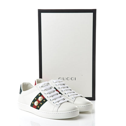Gucci Calfskin Web Pearl Studded Womens Ace Sneakers 34 White 10 of 10