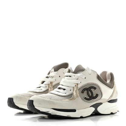 Chanel Mesh Suede Calfskin Womens CC Sneakers 36.5 White Black Beige Gold 3 of 15