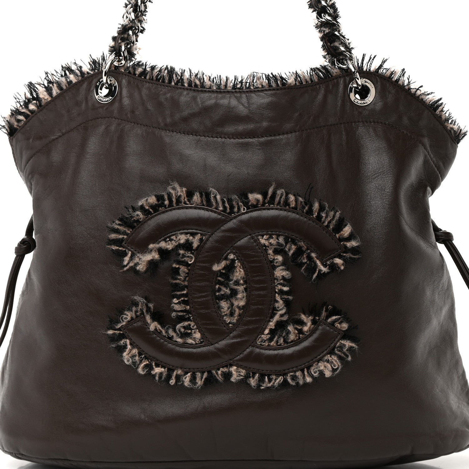 Chanel Tweed Lambskin Drawstring Tweedy Tote Brown 8 of 12