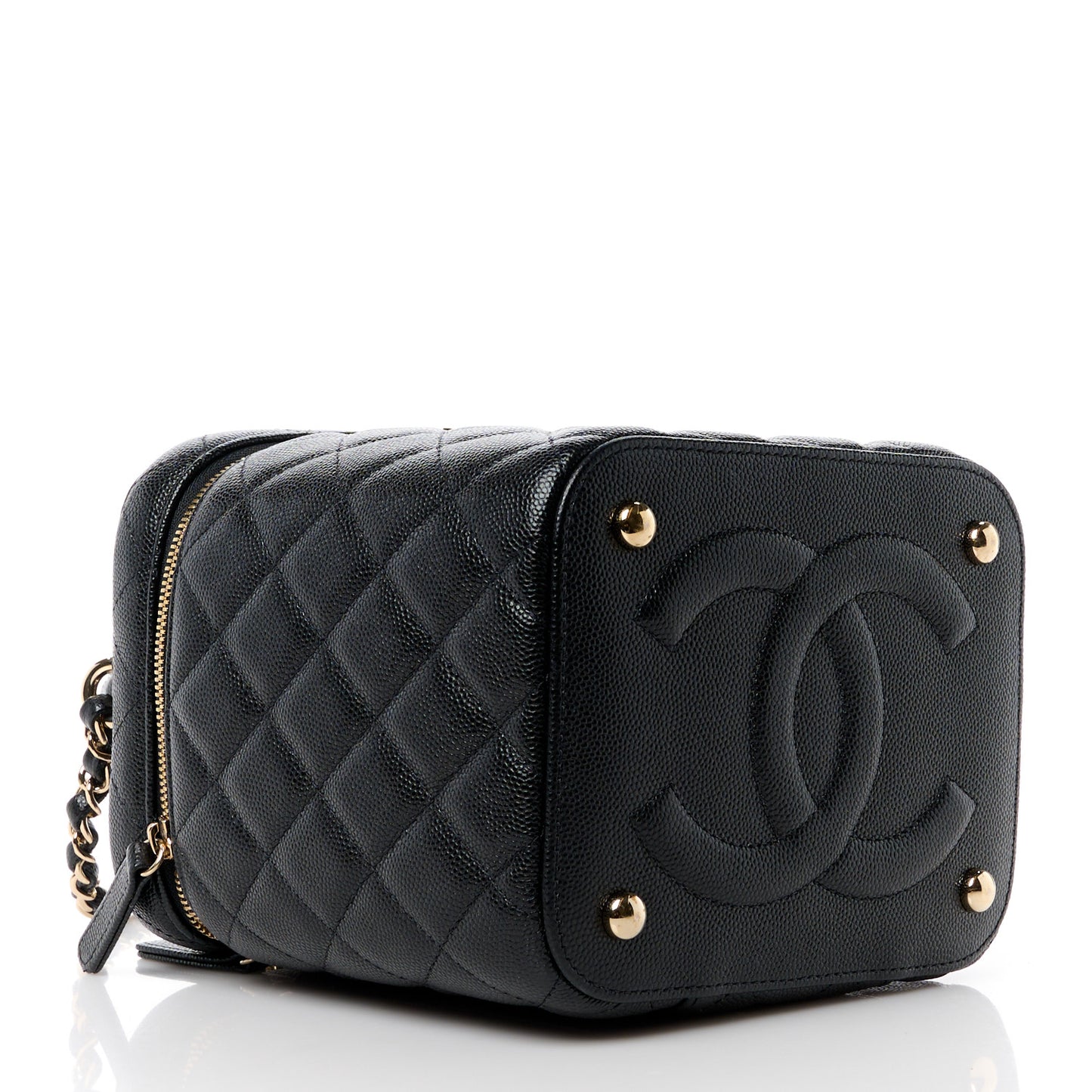 Caviar Quilted Small Top Handle Vanity Case With Chain Black