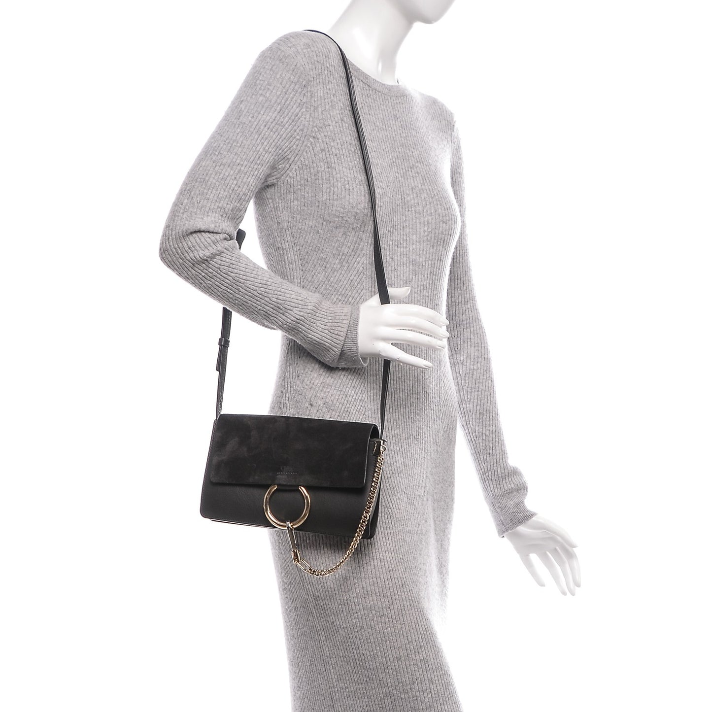 Suede Calfskin Small Faye Shoulder Bag Carbon Grey