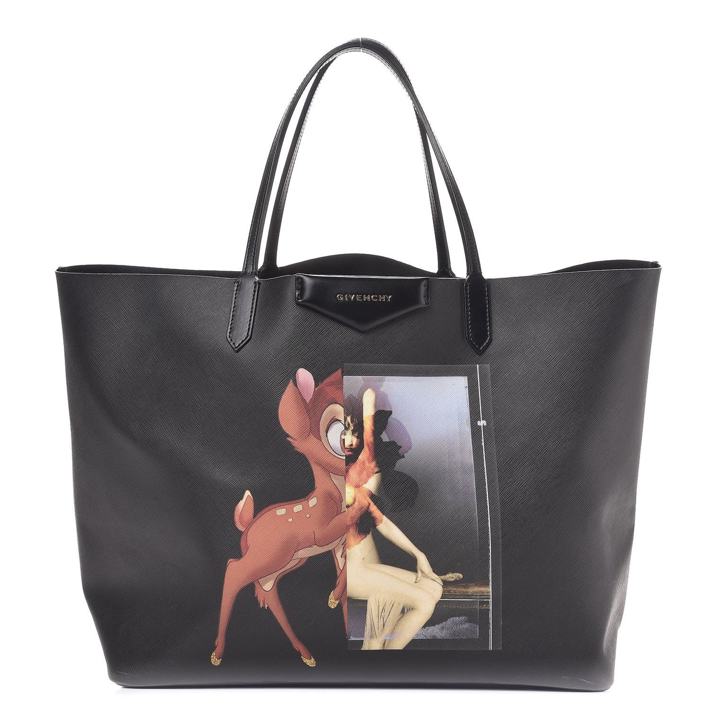 Textured Coated Canvas Bambi Print Large Antigona Tote Black