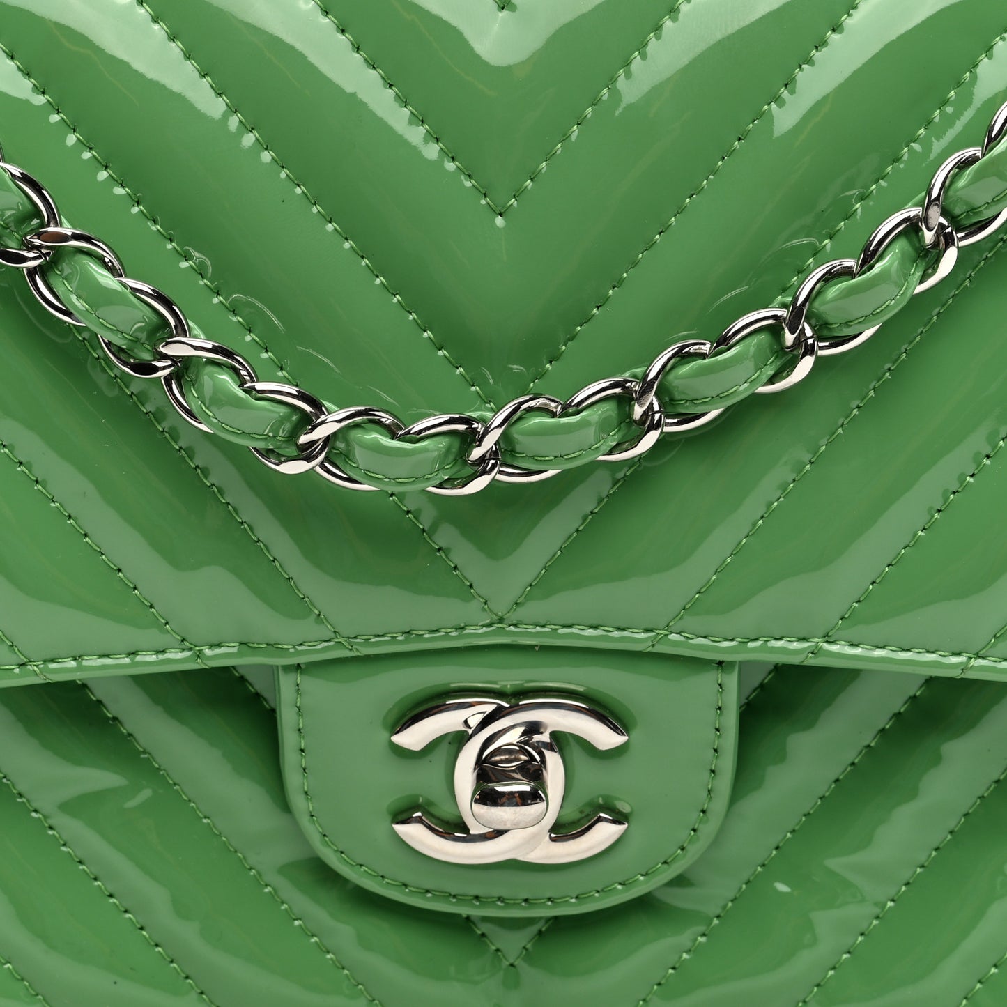 Patent Chevron Quilted Medium Double Flap Green