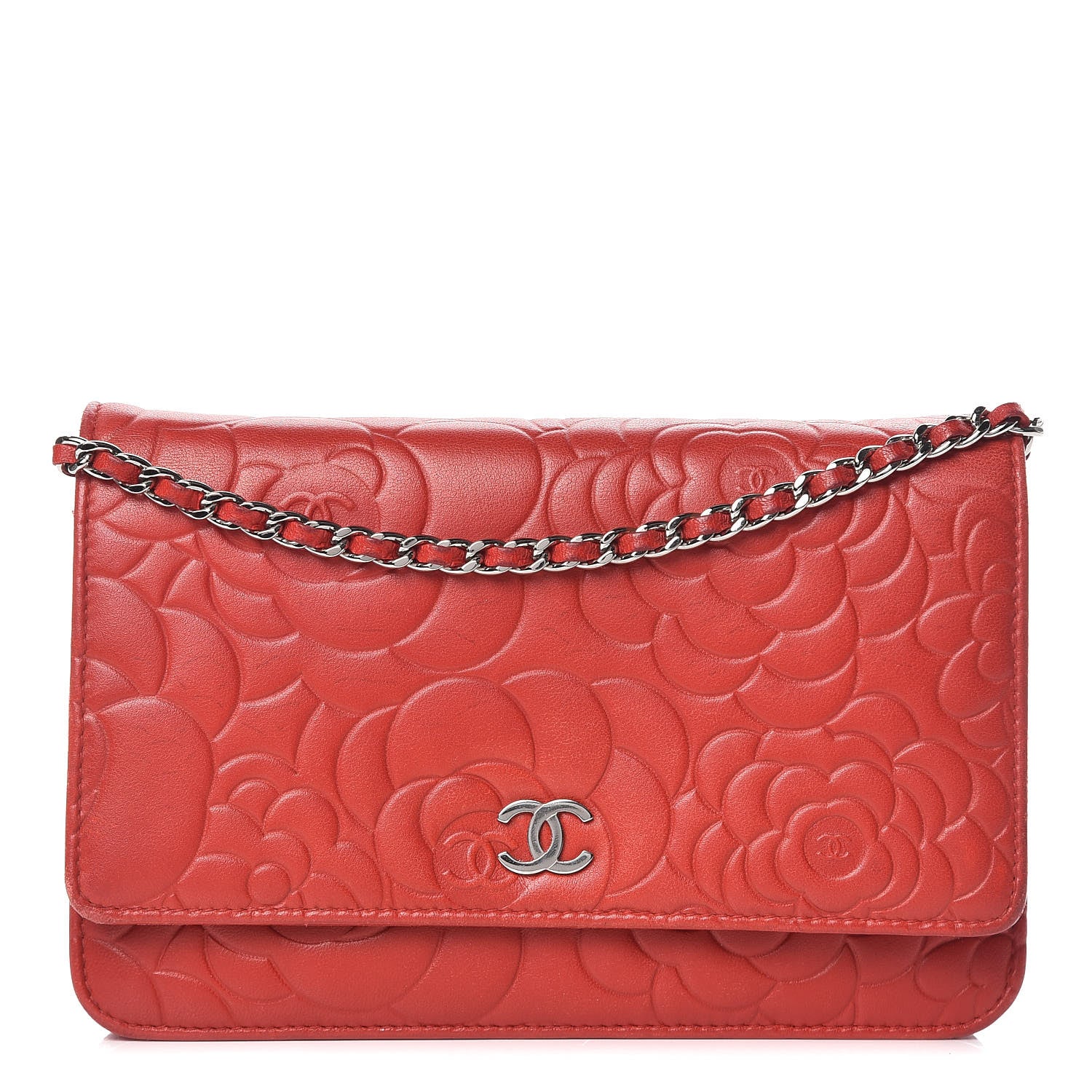 Chanel Lambskin Camellia Embossed Wallet On Chain WOC Red 1 of 17
