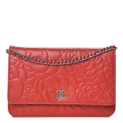 Chanel Lambskin Camellia Embossed Wallet On Chain WOC Red 1 of 17