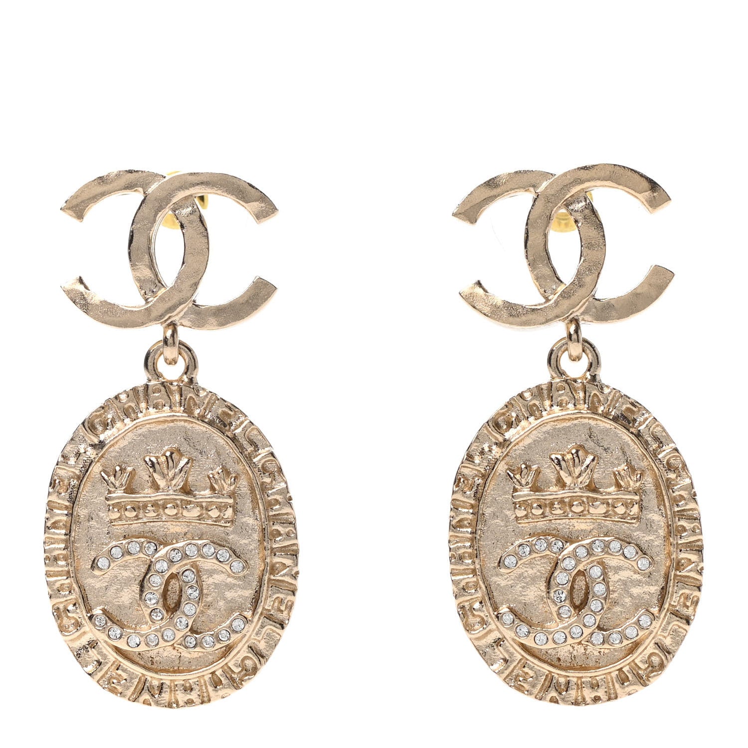 Chanel Crystal CC Medallion Drop Earrings Gold 1 of 4