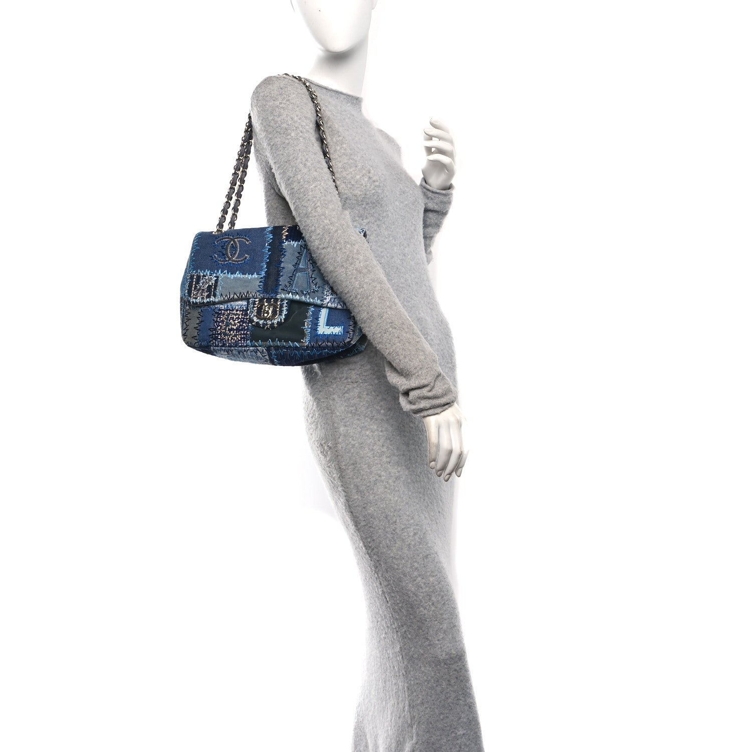 Chanel Denim Tweed Patchwork Jumbo Single Flap Blue 2 of 11