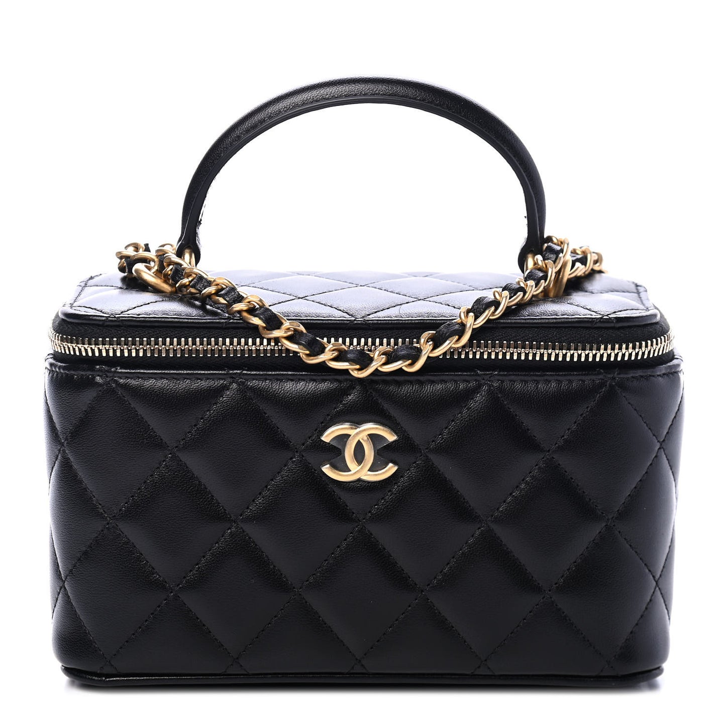 Lambskin Quilted Small Top Handle Vanity Case With Chain Black