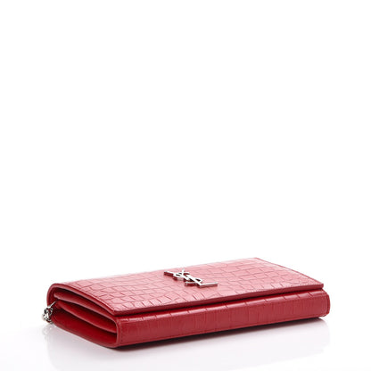 Saint Laurent Calfskin Crocodile Embossed Monogram Chain Wallet New Red 4 of 9