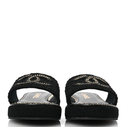 Chanel Wool Alpaca Chain CC Slide Sandals 40 Black 3 of 11