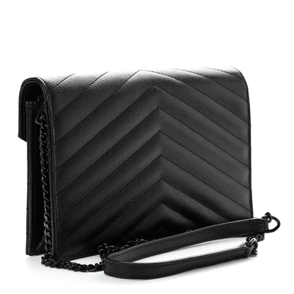 Saint Laurent Grain De Poudre Matelasse Chevron Monogram Monochrome Envelope Chain Wallet Black 3 of 11