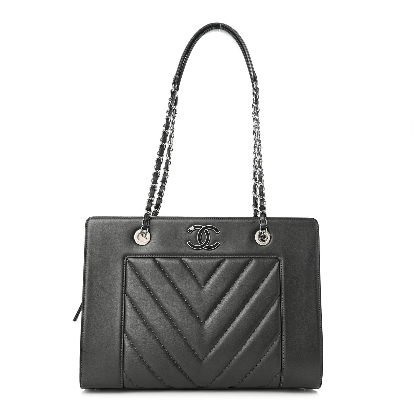 Sheepskin Chevron Quilted Mademoiselle Vintage Shopping Tote Dark Grey