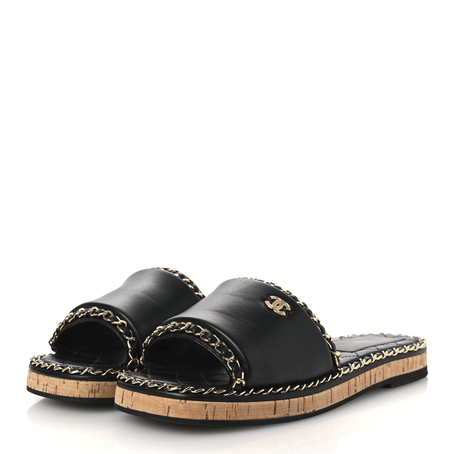 Chanel Lambskin Chain Cork Slide Sandals 38 Black 4 of 11