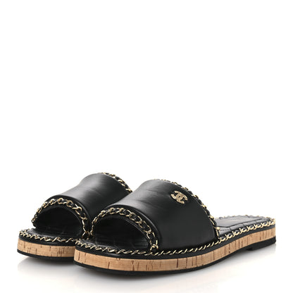 Chanel Lambskin Chain Cork Slide Sandals 38 Black 4 of 11