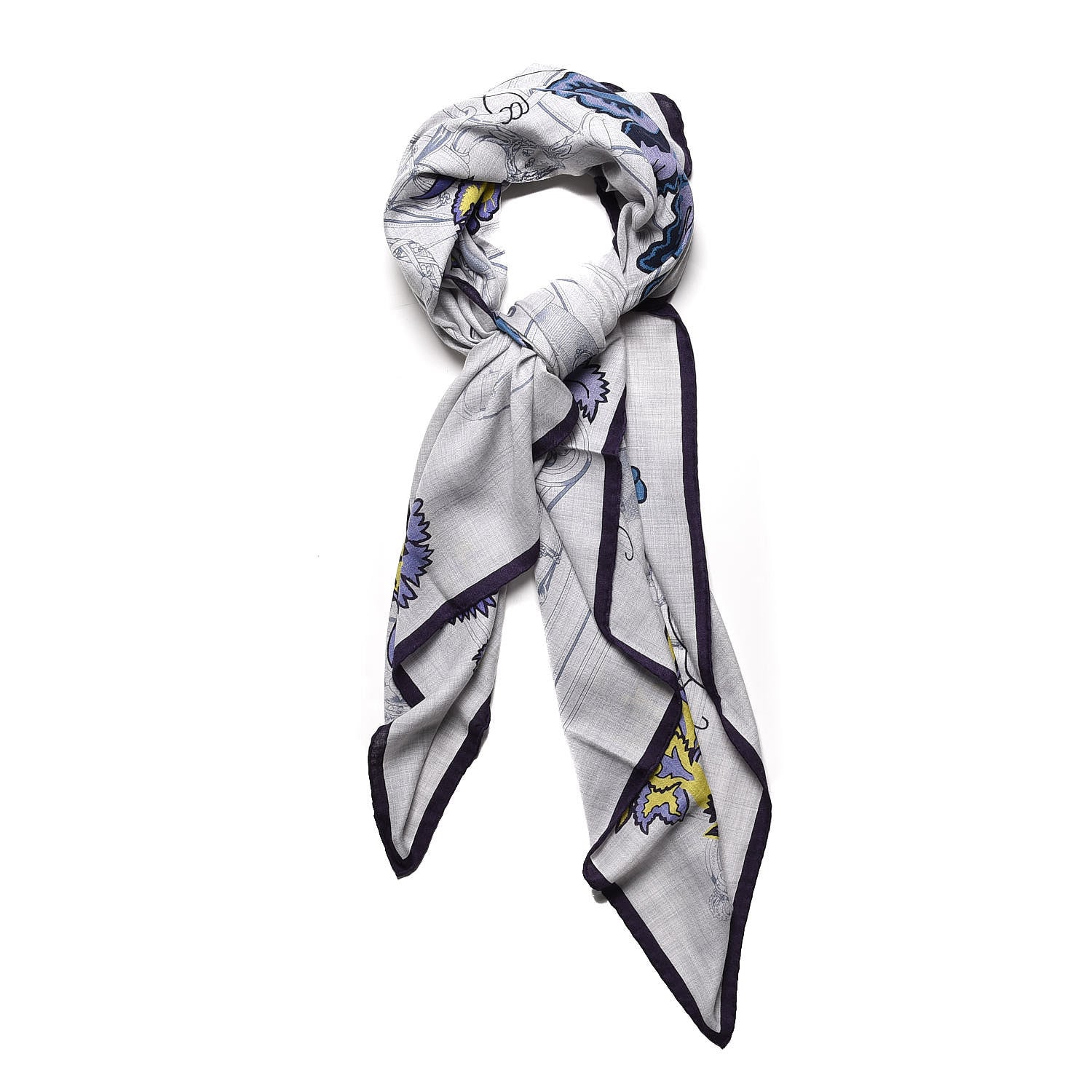 Hermes Cashmere Silk Cavalcadour Shawl 140 Gris Chine Juane Marine 3 of 8