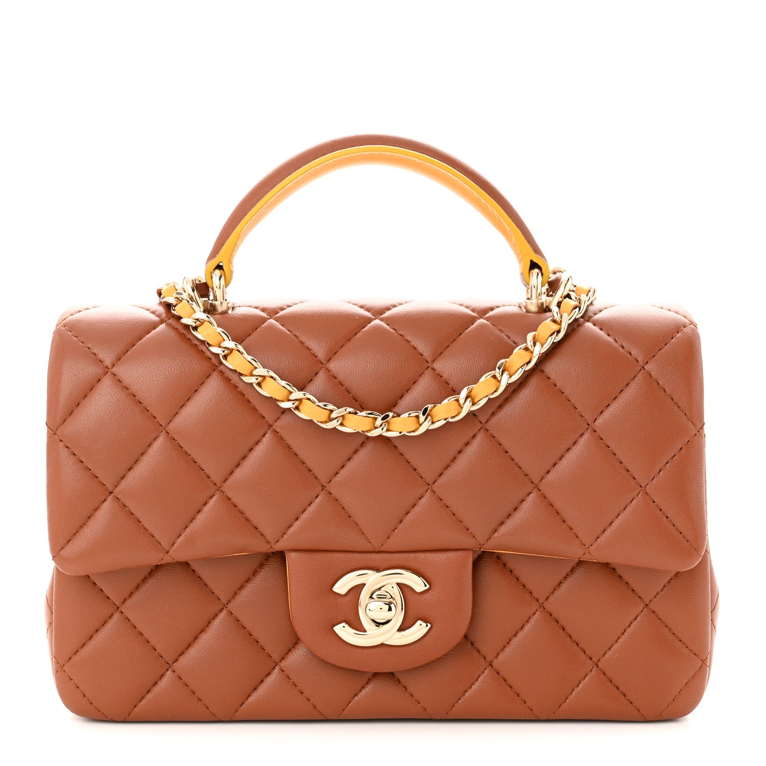 Chanel Lambskin Quilted Bi-Color Mini Top Handle Rectangular Flap Light Brown Yellow 1 of 11