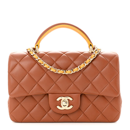 Chanel Lambskin Quilted Bi-Color Mini Top Handle Rectangular Flap Light Brown Yellow 1 of 11