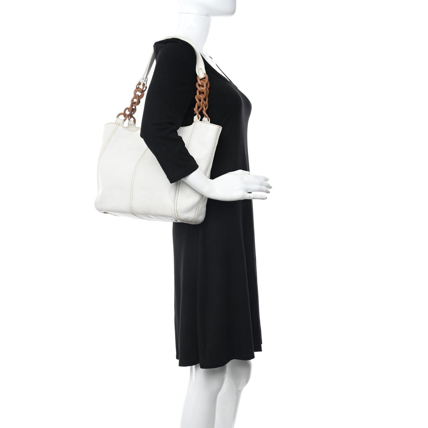 Calfskin Wood Chain Tote White