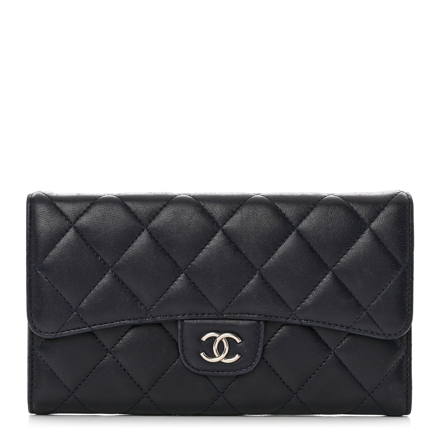 Lambskin Quilted Large Flap Wallet Navy